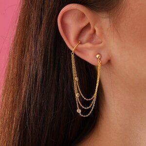 Gleaming Chains Earrings Zircon Stone 14K Gold Filled Hand Chain Earrings 925K